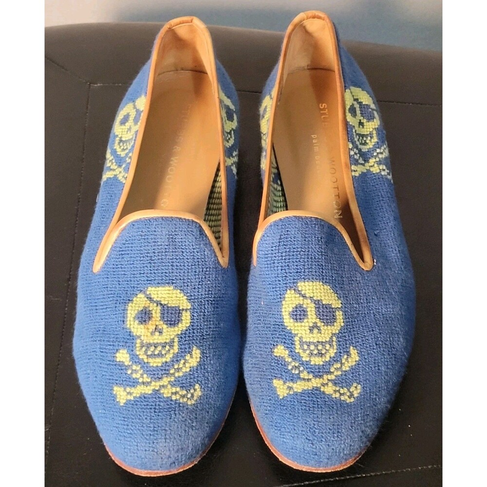 Stubbs  Wootton Embroidered Loafers Womens Sz 8.5 Blue Skull Bones Made in Spain